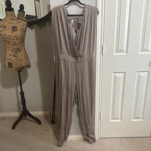 2B Bebe Taupe Jumpsuit with Wrap V-Neck and Tapered Ankle